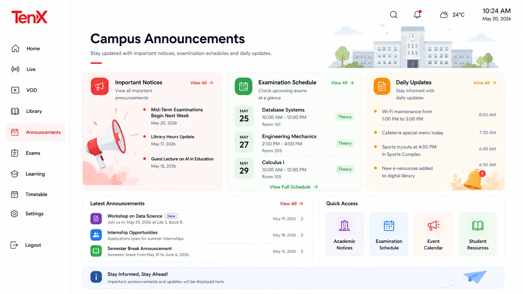 educational iptv software Campus Announcements screen ui